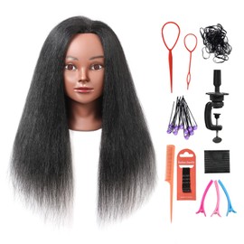 Armmu Mannequin Head with 100% Real Hair, 16" Cosmetology Mannequin Manikin Training Practice Doll Head for Hairdresser Braiding Hair Styling Hairdressing with Clamp Holder- Black