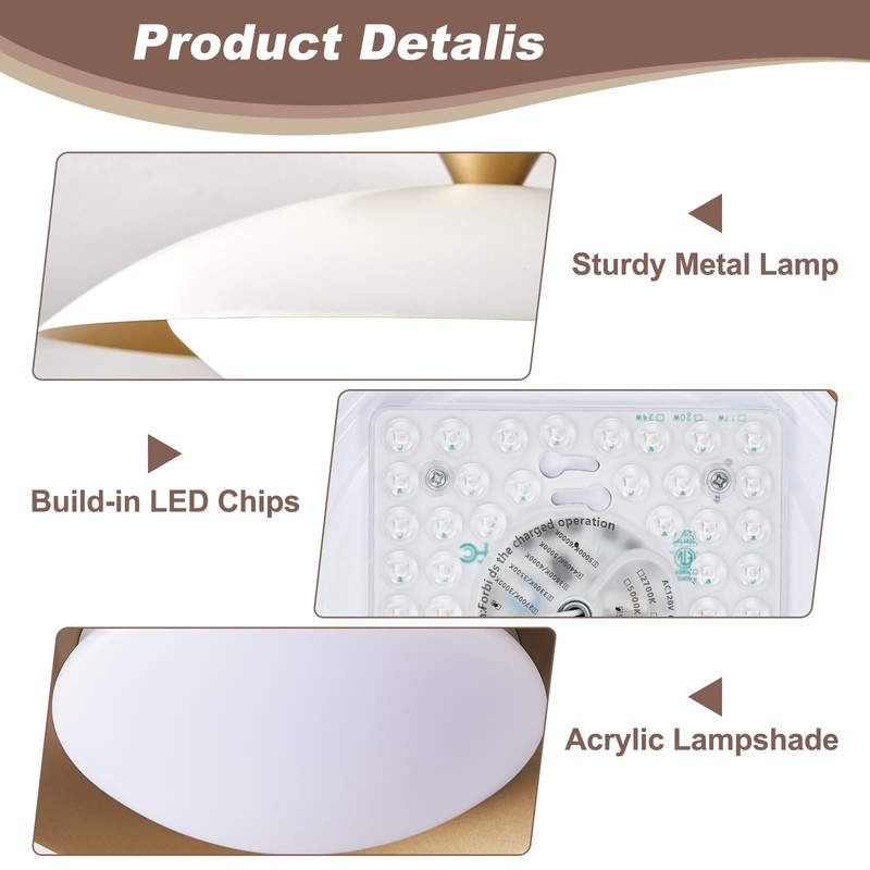YURNYQ Dimmable White and Gold Flush Mount Ceiling Light Modern