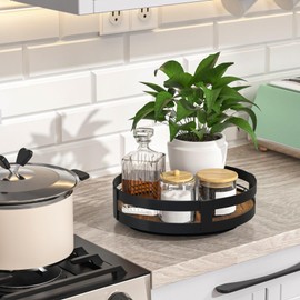 11.8" Lazy Susan Turntable Organizer for Cabinet, Rustic Wooden Storage with Metal Railing, Round Rotating Tray for Countertop, Living Room, Bathroom