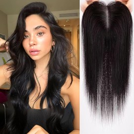 Haircube- Postizos para el cabello para mujeres con cabello fino, postizos de cabello humano 100% real de color negro natural para mujeres, postizos de cabello humano sin flequillo con 3 pinzas, base