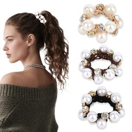 CURASA Pearl Hair Ties 3PCS Rhinestone Hair Scrunchies Fancy Elastic Ropes Ponytail Holder Stretchy Crystal Beaded Headpiece Boho Decorative Bride Party Hair Accessories For Women And Girls