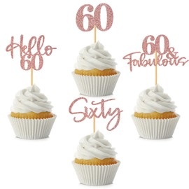 48 piezas de adornos para magdalenas de 60 cumpleaños con purpurina Hello 60 cupcakes, 60 fabulosas 60 púas para 60 cumpleaños, boda, aniversario, fiesta, decoración de pasteles, color oro rosa