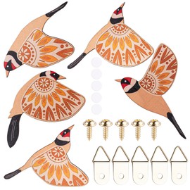 KINCHYGO, 5 Pack Wood Flying Birds Hanging Wall Art Decor Scandinavian Wooden Bird Decorations for Bedroom Living Room (Yellow)