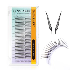 NAGARAKU Flying Spire Eyelash Extensions Air Series Comic Fox Style Manga Anime Individual Lashes Volume Soft Black Flat Root 240 Fans Spikes Eyelashes DIY Clusters Lash Salon -0.07 C Curl 11mm