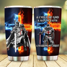 A Child of God Man of Faith Warrior of Chirst Jesus Tumbler - Christian Gifts For Men Dad Husband, Christmas Gifts, Birthday gifts for Men Dad Husband Grandpa, 20oz Stainless Steel Tumbler with Lid