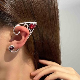 Vacaonio Punk Elf Climber Cuff Earrings Silver Ruby Ear Cuff Earring Fairy Elf Ear Wrap Earrings Red Crystal Stud Earrings Elf Ear Crawler Earrings Jewelry for Women