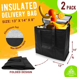 APQ Supply Black Insulated Food Delivery Bag 13 x 14 x 8 Inches, Insulated Grocery Bags with Zippered Top, Pack of 2 Heavy Duty Catering Bag for Food Deliveries, Insulated Bags for Food Delivery