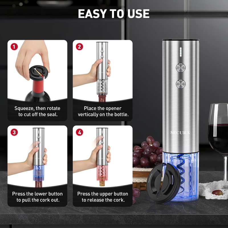 Secura Stainless Steel Electric Wine Opener, Rechargeable Automatic Home Wine