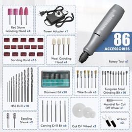 Mini Rotary Tool Kit with Copper Core Motor, 3-24V Regulated Power Supply, 0-18000 RPM Speed, 86 Accessories, Multi Purpose Power Rotary Tool for Engraving, Sanding, Polishing, Drilling, DIY Crafts