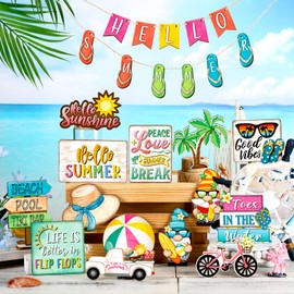 Yuntau 26 Pcs Summer Tiered Tray Decor Sets Beach Gnome Farmhouse Hello Summer Wood Sign Wood Summer Tiered Tray Decorations Set Kitchen Decor Sets Tabletop Accessories for Summer Shelf Kitchen Table