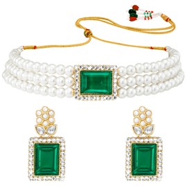 Aheli Gold Plated Green Kundan Beads Studded Choker Necklace & Dangle Earrings Set Ethnic Traditional Jewelry Gift for Women