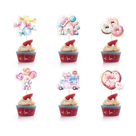 Foowztao 36Pcs Lollipop Cupcake Toppers - Candyland Party Decorations - Pink, 6 Patterns, 6pcs Each - Dessert Decorating Cupcake Toppers - Birthday, Baby Shower, Gender Reveal, Wedding, Other Events