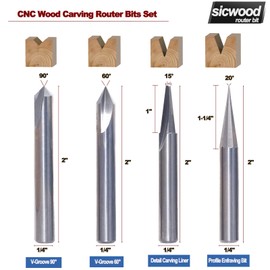 SICWOOD 4PCS CNC Router Bits Set 1/4 Inch Shank - Solid Carbide Engraving Wood Carving Bit Set, 15°, 20°, 60°, 90° V Groove Bit, Profile&Carving Liner for Marking Conical Engraving
