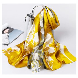 MEISEE 100% Mulberry Silk Long Scarf for Women Large Oblong Sunscreen Shawls Wraps Neck Headscarf Hair Wraps with Gift Packed (Yellow+gray)