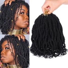 Leeven 8 Packs Senegalese Twist Crochet Hair with Curly Ends, 8 Inch Black Pre Looped Short Crochet Braids, Synthetic Braiding Hair for Women Girl Kids