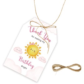 FORSHEEP 50pcs Sunshine Thank You Tags, Sun Gift Tag with String for Girl Birthday Party, Nice Weather Thank You Paper Tags for First Trip Around The Sun Birthday Party Favors