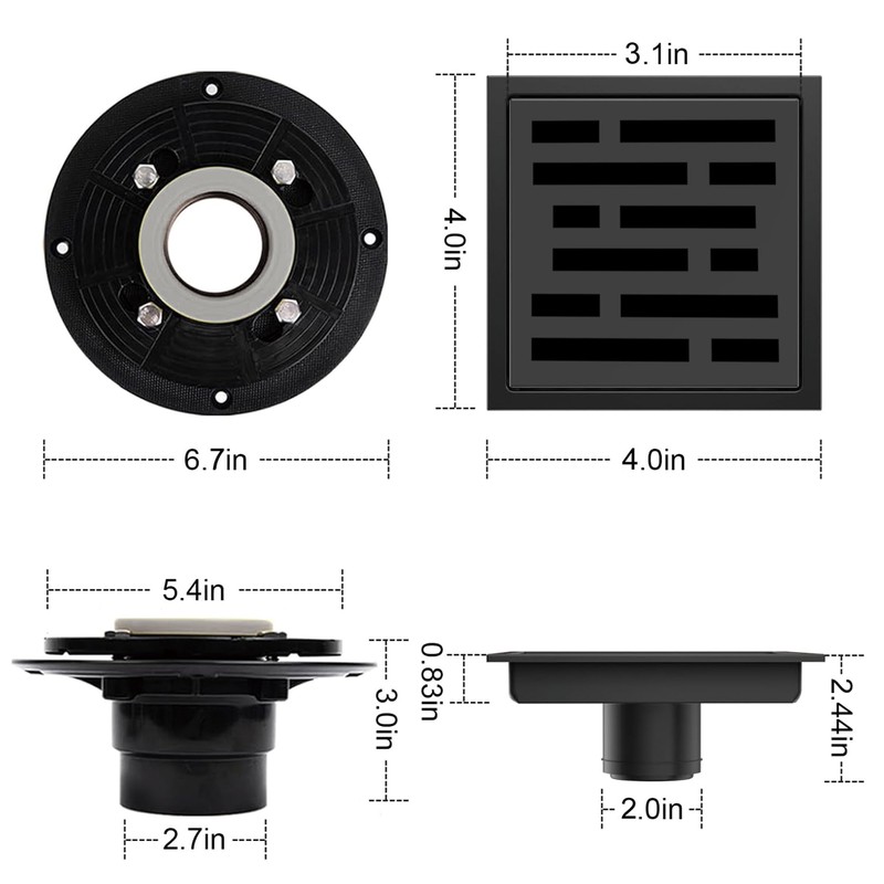 4 Inch Square Shower Floor Drain, Shower Drain Kit with