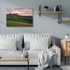 Stupell Industries Sunrise Over Countryside Hills Yellow Floral Field, Designed by Dora Artemiadi Canvas Wall Art, 30 x 40, Pink