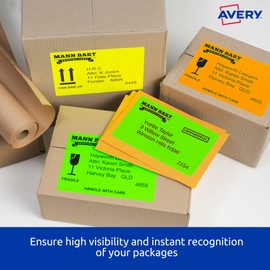 Avery Fluoro Yellow High Visibility A4 Shipping Labels for Laser Printers - Packaging Labels for Businesses - Mailing Stickers - 199.6 x 143.5 mm, 20 Labels / 10 Sheets (959405 / L7168FY)
