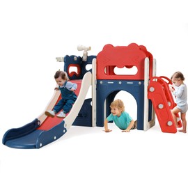 MAMIZO 8-in-1 Large Toddler Slide, L-Shaped Kids Slide with Long Slope, Baby Climber Playset w/Enclosed Steps, Telescope, Basketball Hoop, Tunnel, Indoor Outdoor Playground for Age 3+ (Red & Blue)