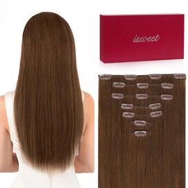 Straight Clip in Hair Extensions Real Human Hair, 7Pcs 18 Inch 105g #6 Medium Light Brown Invisible Soft Real Human Hair Extensions Clip ins, Double Weft Hair Extensions Real Human Hair for Women