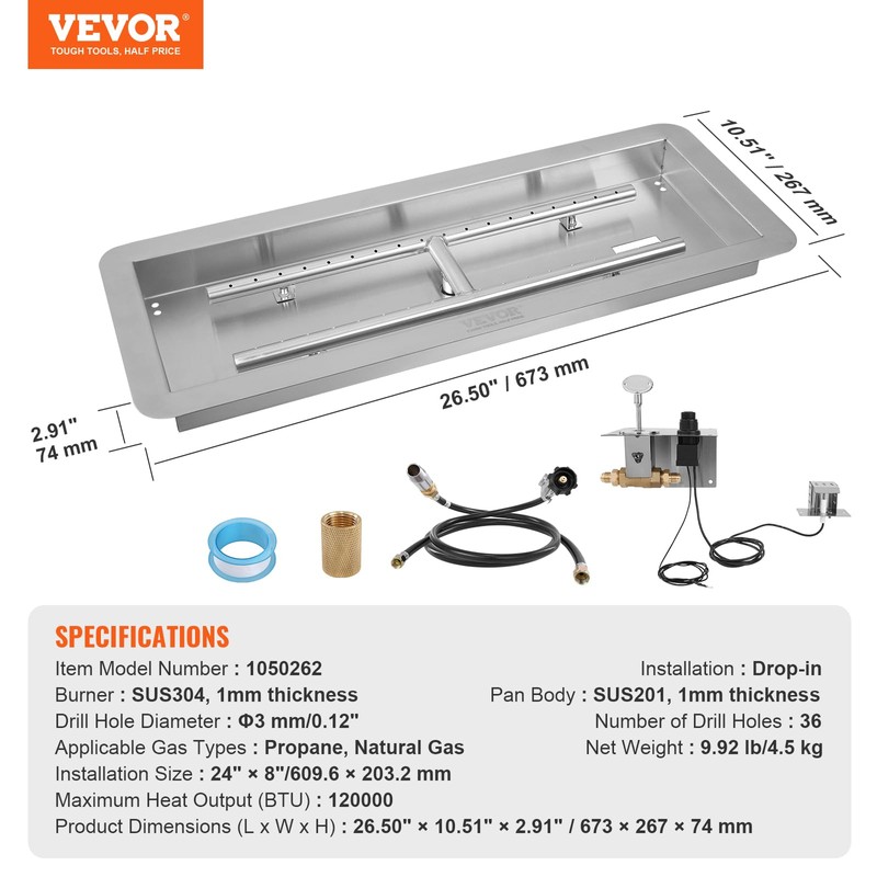 VEVOR 24 x 8 inch Drop-in Fire Pit Pan, Rectangular