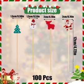 Christmas Cocktail Sticks,100PCS Snowman Santa Claus Elk Christmas Tree Bamboo Toothpicks,Food Fruit Skewers Sticks Cocktail Accessories for Drink Fruit Dessert Food Appetizerss (Red Green White A)