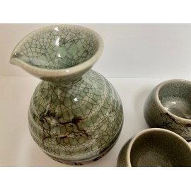 Japanese Soma Ware Ceramic Double-layered structure Tokkuri Sake Bottle and 2 Ochoko Guinomi Sake Cups Set, Sacret Horse Design, Cracked Pattern Blue-gray