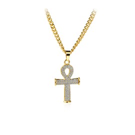 COLORFUL BLING Ankh Egyptian Cross Pendant Necklace 14K Gold Plated Cubic Zirconia Iced Out with Crystal 24 Inches Brass Rope Chain for Men and Women - Gold