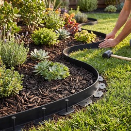 GOTOTOP Borde de Jardín de PE 5m con 15pcs Clavos para Césped, Negro