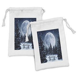 Ambesonne Winter Fabric Pouch Set of 2, Dreamy Cold Night a Big Full Moon and Bench Park Stars in the Darkness, Small Drawstring Bag for Toiletries Masks and Favors, 9" x 6", Blue White