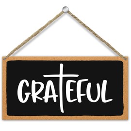 10 x 5" Inspirational Kitchen Wood Plaque with Rope, Wall Art Decor Wood Sign Rectangle Hanging - Grateful, Home Study Bedroom Wood Plaque Sign Living Room Party Supplies Gift -19