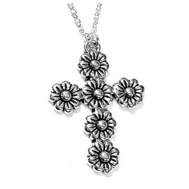 Unbranded Silver Flower Cross Pendant Necklace Sunflower Daisy Cross Charm 18” Chain