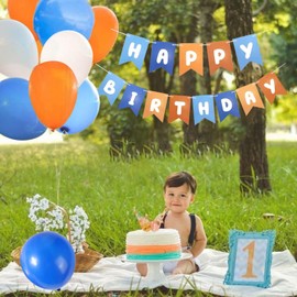 Blue Happy Birthday Banner, Blue and Orange Themed Party Decorations Supplies for Boy and Girl,Birthday Banners Decor Backdrop