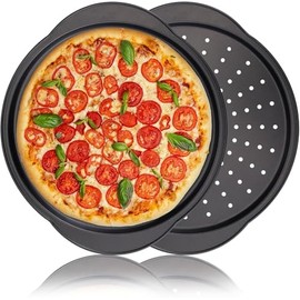 2 Pack Pizza Trays for Oven, 12 inch Non Stick Pizza Pans with Holes and Handle, Round Perforated Carbon Steel Pizza Baking Tray with Oil Brush and Scraper for Cooking, Baking, Dishwasher Safe