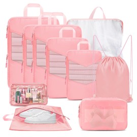 neatevday 10 Set Compression Packing Cubes for Travel, Suitcase Organizer Bags Set for Travel Accessories, Lightweight Travel Essentials, Pink