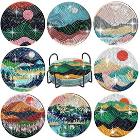 Diamond Painting Coasters, Pack of 8 Diamond Art Coasters, DIY Diamond Painting Kit with Holder for Beginners, Adults & Children Craft Supplies, Gift for Birthday and Family (Landscape)