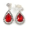 Ruby Red/Clear Crystal Teardrop Clip On Earrings In Silver Tone