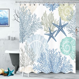 Tritard Extra Long Nautical Coastal Shower Curtain Starfish Seashell Coral Beach Themed Bath Curtain Waterproof Fabric Ocean Shower Curtains for Bathroom with 12 Hooks, 72x84, Blue