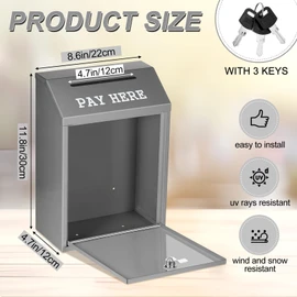 Yaocom Safe Cash Box Money Collection Metal Donation Box with Lock Wall Mount Pre Drilled Mailbox Delivery Ballot for Home Office Outdoor Self Serve Stand(Gray,11.8 x 8.6 x 4.7 Inch)