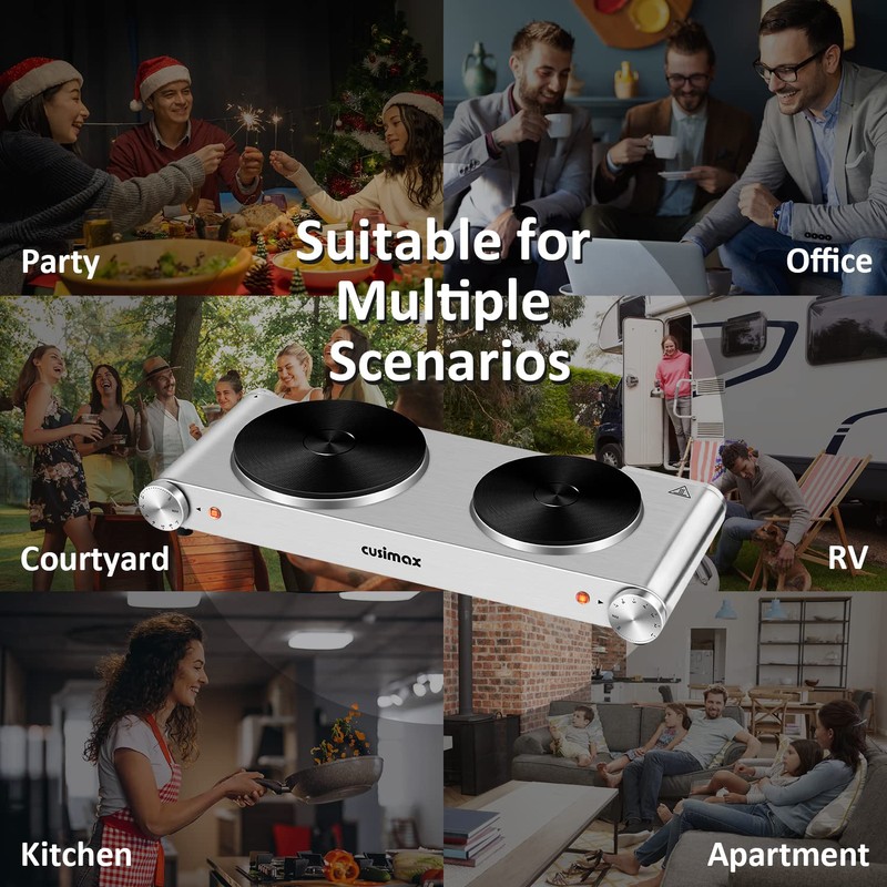 CUSIMAX Hot Plate, Electric Double Burner, 1800W Cast Iron Countertop