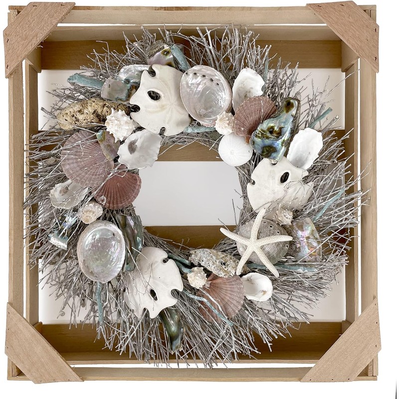 ANDALUCA Summer Seashell 20in Coastal Wreath Natural Abalone, Sand Dollar,