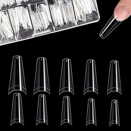 Pack of 500 Acrylic Artificial Nail Tips, False Nails, Natural Nail Tips with Clear Box, Transparent Art Fake Nails Tips, Fake Coffin Nail Tips for Women