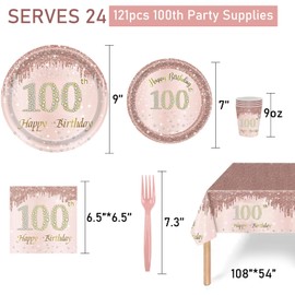 121Pcs 100th Birthday Party Supplies Plates Napkins Cups Forks Tablecloth Rose Gold Happy 100th Birthday Themed Disposable Tableware Decorations Serves 24 Guests for Women 100 Years