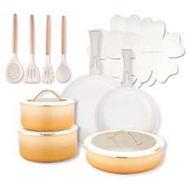 ONGIFT 20pcs Ceramic Cookware Set Nonstick, Detachable Handle Pots and Pans Set, Non Toxic,No PFAS & PTFE & PFOA, Dishwasher/Oven Safe, RV Kitchen Set Removable Handle for Cooking, Yellow