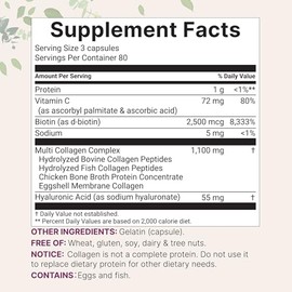 Micro Ingredients Multi Collagen Píldoras, 240 cápsulas | Tipo I, II, III, V, X | Péptidos hidrolizados con biotina, ácido hialurónico y complejo de v