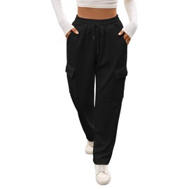 YloveM Women's Fleece Lined Wide Leg Joggers Winter Warm Tracksuit Bottoms with Pockets High Waisted Sweatpants for Running Black XL