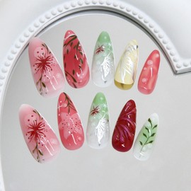 CJDLTS Colorful Flower Press on Nails Medium Almond Artificial Acrylic Nail 3D Blush Floral with Bubble Design Stick on Nails Full Cover Reusable Coffin Glue on Nail Artificial Fingernails for Women