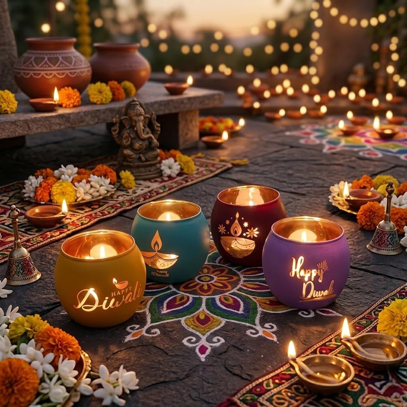 Glass Diwali Candle Holder - 4 Pcs Colorful Festival Tea