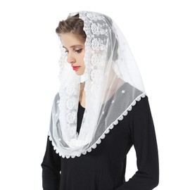 BEAUTELICATE Women's Mantilla Catholic Veil Lace Chapel Scarf Stole Headwear Lace Black White for Catholic Church Latin Mass Church Wedding Bridal V104, White